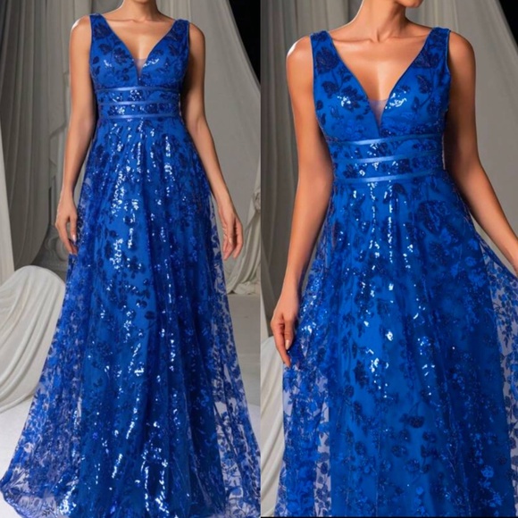 Plus Floral Sequin Mesh Formal Black Tie Wedding Dress - Picture 2 of 14